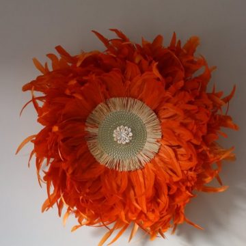 jujuhat en plumes de coq orange vif et coquillages
